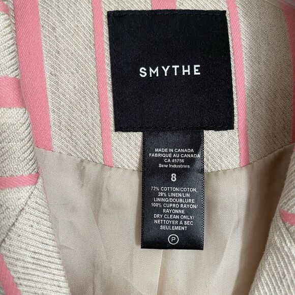 Smythe Linen Blend Blazer Sz 8 Striped Pink Double Breasted Gold Button Dressy - Picture 5 of 12